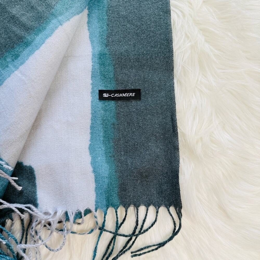 Abstract Patterned Blue and Yellow Wool Blend Pashmina Scarf - Picture 3 of 5